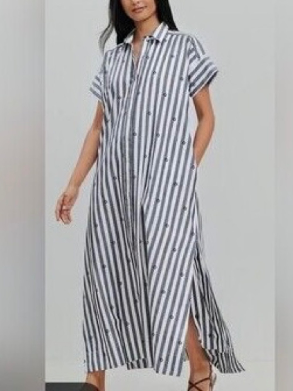 Loft Embroidered Striped Maxi Shirtdress Size 16P Blue White Button Front NWT